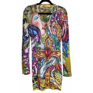 ed hardy long sleeve dress Cotton Blend Crew Neck, Mini in White, Size L, For Concert Or Streetwear Ed Hardy Graphic Womens Dragon Flame Long Sleeve